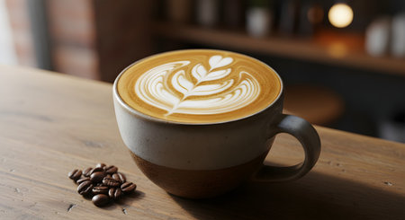 A beautifully crafted cup of cappuccino with intricate latte art sits on a rustic wooden table, with a few roasted coffee beans next to it. The warm and inviting image evokes the cozy atmosphere of a coffee shop and the skill of a barista.の素材