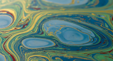 A close-up of a vibrant, abstract pattern created with the liquid marbling technique. Swirls of blue, green, and metallic gold paint flow together to create a dynamic and fluid design. This image is perfect for backgrounds representing creativity, art, or psychedelic concepts.の素材