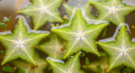 A close-up, top-down macro shot of several fresh, green star fruit (carambola) slices floating in a clear liquid, possibly a drink or infused water. The star-shaped slices have small air bubbles on them, looking refreshing.の素材