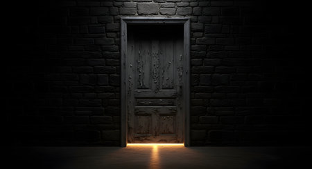In a dark, brick-walled room, a single, old wooden door with peeling paint stands ominously. A warm, hopeful light glows from the crack underneath, creating a stark contrast and a sense of mystery. The image represents concepts like opportunity, hope, the unknown, and making a choice.の素材