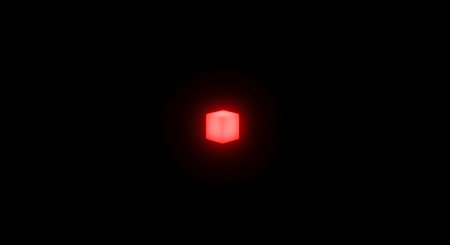 A single, small, red, glowing, geometric shape, possibly a crystal or an LED, is centered on a pure black background. The object emits a soft, ominous red light, representing power, a warning, or minimalist tech.の素材