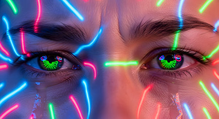 An extreme close-up of a person's frowning, tearful eyes, with colorful neon lights (pink, blue, green) streaking across their face like tears. The neon lights also create a graphic reflection within the pupils.の素材