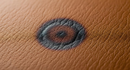 A macro photograph showing a round, dark cigarette burn mark on a textured brown leather or faux leather surface. The image highlights the concept of damage, imperfection, accidents, and provides a detailed texture background.の素材