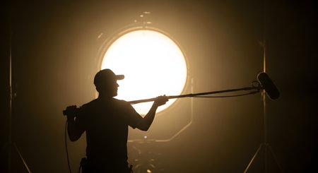 A silhouette of a sound engineer or boom operator on a film set, holding a boom microphone. The person is backlit by a large, bright studio light in a hazy, atmospheric setting, representing behind-the-scenes movie production.の素材