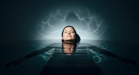 A woman's face emerges from the surface of dark, still water, her eyes closed in a state of deep relaxation. Her arms are spread wide beneath the surface, and light from above creates caustic patterns on the wall behind her. This evokes a feeling of serenity, meditation, or sensory deprivation.の素材