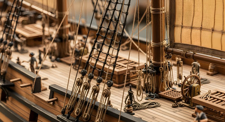 A detailed close-up shot of an intricate, handcrafted wooden model of a historic tall ship. The focus is on the complex rigging, ropes, masts, and the wooden deck, which features tiny figurines, a helm, and other realistic details.の素材
