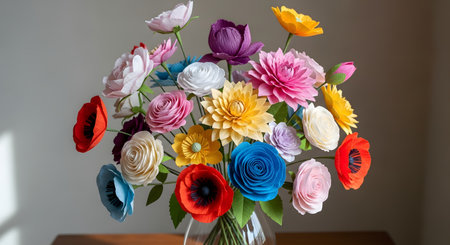A vibrant and beautiful bouquet of handcrafted crepe paper flowers in a glass vase. The arrangement features a variety of colorful blossoms like roses, poppies, and dahlias, showcasing the art of paper crafting.の素材
