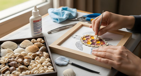 A person's hands are carefully creating a mosaic of a sea turtle using small, colorful seashells. The crafter uses tweezers to place the shells onto a drawing within a wooden frame, surrounded by craft supplies like glue and a box of assorted shells.の素材