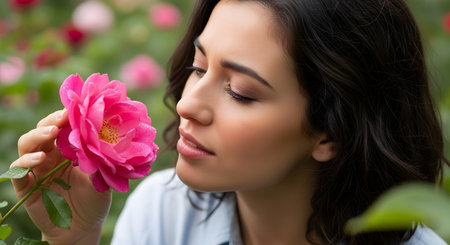 A close-up profile of a beautiful woman with dark hair gently smelling a vibrant pink rose in a garden. The flower has dewdrops on its petals, and the background is a soft blur of green leaves and other roses. This image represents beauty, nature, and sensory experience.の素材