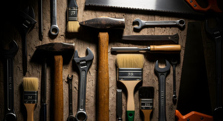 A collection of various hand tools, including hammers, wrenches, saws, and paintbrushes, are arranged on a dark, textured wooden background. The overhead shot creates a masculine, rustic still life representing DIY projects, craftsmanship, and manual labor.の素材