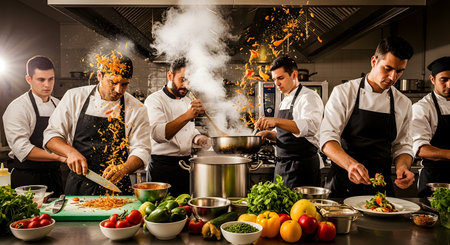 A team of professional chefs works energetically in a busy kitchen, with ingredients like chopped vegetables flying through the air. The dynamic and chaotic scene captures the high-pressure environment of the culinary arts, showcasing teamwork, skill, and the passion for cooking.の素材