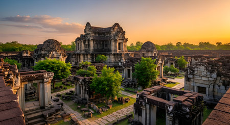 A stunning landscape of ancient temple ruins, likely part of the Angkor complex in Cambodia, bathed in the golden light of sunrise. The intricate stone structures and courtyards are surrounded by green trees under a warm, hazy sky.の素材