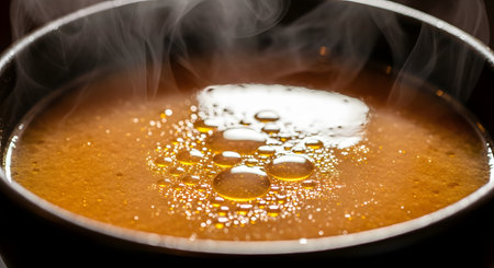 A macro, close-up shot of hot, steaming soup or broth in a dark bowl. Steam rises from the surface, which is covered in glistening, oily bubbles. The rich, orange-brown color suggests a hearty bone broth or consomme.の素材