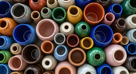 A top-down, full-frame background of numerous handmade ceramic pots, vases, and jars in a wide variety of colors, shapes, and sizes. The collection of colorful pottery represents craftsmanship, art, and traditional handmade goods.の素材