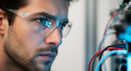A close-up portrait of a focused male engineer wearing safety glasses while inspecting complex electronic wiring. A reflection of digital data or a circuit board is visible in his glasses, symbolizing technology, precision, and innovation.の素材