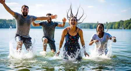 A diverse group of four happy young friends are splashing, laughing, and playing in a lake on a sunny day. They are running forward, creating large splashes, and expressing pure joy and excitement. This image represents friendship, summer, fun, and youthful energy.の素材