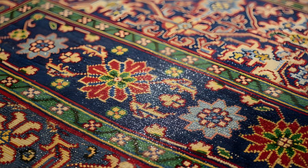 A macro shot showcasing the detailed and ornate floral patterns of a traditional Persian or Oriental rug. The rich texture and vibrant colors of the textile, including deep blues, reds, and greens, create a beautiful and decorative background.の素材