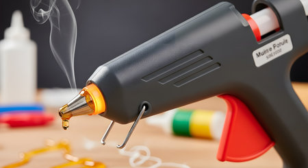A close-up of a hot glue gun with its nozzle glowing, dripping molten adhesive, and emitting a wisp of smoke. The tool is on a workbench with craft supplies in the background, representing DIY projects, crafting, and repair work.の素材