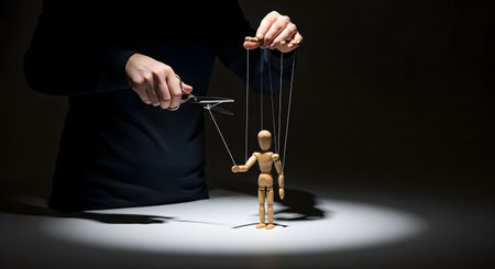In a dramatic spotlight, a puppeteer's hands use scissors to cut the strings of a wooden marionette, setting it free. The conceptual image symbolizes freedom, independence, breaking free from control, liberation, and ending manipulation.の素材