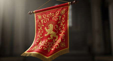 An ornate red and gold royal banner hangs from a wooden rod, illuminated by a dramatic beam of light in a grand, stone hall. The banner features an embroidered golden lion rampant and elegant floral patterns, evoking themes of royalty, history, and fantasy.の素材