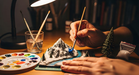 A close-up shot captures an artist's hands meticulously painting a miniature diorama of a snowy mountain range. Working under a desk lamp, the artist uses a fine brush and a palette of paints to add a blue river to the tiny landscape model.の素材