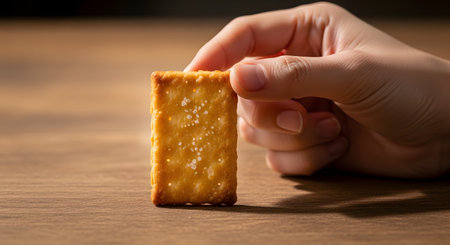 A close-up of a person's hand holding a single, rectangular, golden-brown cracker vertically against a wooden table. The cracker is sprinkled with coarse salt crystals, highlighted by the light.の素材