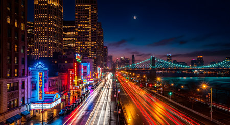 A dynamic long-exposure photograph captures a bustling city street at night, showcasing brilliant streaks of red and white light from traffic. The scene is framed by illuminated skyscrapers, glowing neon signs, and a lit bridge over the water, conveying the vibrant energy of urban life.の素材