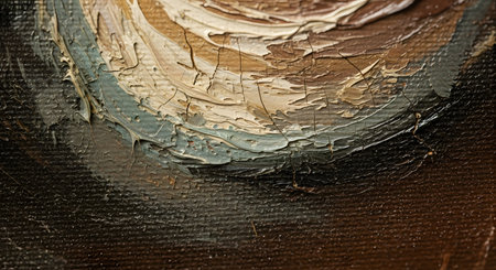 An extreme macro detail of an old oil painting, showing thick, impasto brushstrokes in shades of cream, gray, and brown. The aged paint is heavily cracked and crazed, revealing the texture of the canvas underneath.の素材