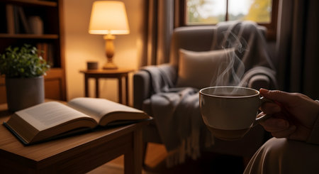 A person's hand holds a steaming hot mug of coffee or tea in a cozy, warm-lit living room. An open book rests on a wooden table, with a comfortable armchair, blanket, and lamp in the blurred background, creating a relaxing scene.の素材