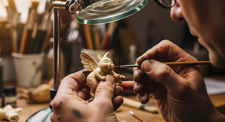 An over-the-shoulder close-up shot of an artisan's hands meticulously painting a small, whimsical wooden figurine of a smiling pig with wings. The crafter uses a fine-tipped brush for detailed work in a cluttered workshop, with a magnifying lamp and tools visible in the background. The scene highlights craftsmanship, hobby, and the creative process.の素材