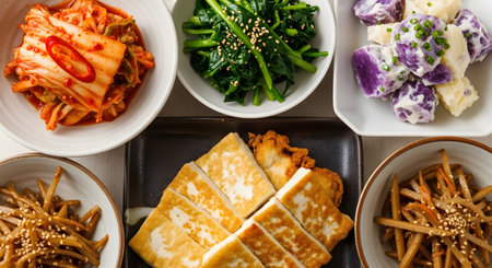 A top-down view of a delicious assortment of traditional Korean side dishes, known as banchan. The meal includes spicy kimchi, seasoned spinach, fried tofu, and various root vegetables. This colorful spread represents the variety and healthy nature of Korean cuisine.の素材