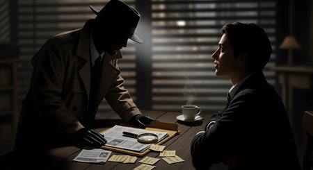 A dramatic film noir scene where a shadowy detective in a fedora and trench coat interrogates a young man across a desk in a dimly lit office. Papers, a magnifying glass, and post-it notes on the table suggest an ongoing, intense investigation.の素材