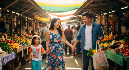 A happy Asian family, consisting of a father, mother, and young child, holds hands while walking through a lively outdoor farmers market. They are smiling and carrying a reusable bag filled with fresh produce, representing family bonding, healthy eating, and community.の素材