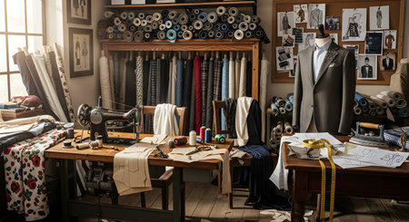 A traditional tailor's workshop filled with rolls of fine fabric, a vintage sewing machine, and patterns on a wooden workbench. A mannequin displays a bespoke suit jacket, and a mood board with fashion sketches hangs on the wall. The scene captures the essence of craftsmanship, bespoke tailoring, and classic menswear design.の素材