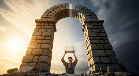 A low-angle, symbolic shot of a builder or mason in overalls, standing under a large stone archway he is constructing. He is holding up the final keystone, about to complete the arch, set against a dramatic, sunlit sky. This image represents completion, achievement, and the final piece of a puzzle.の素材