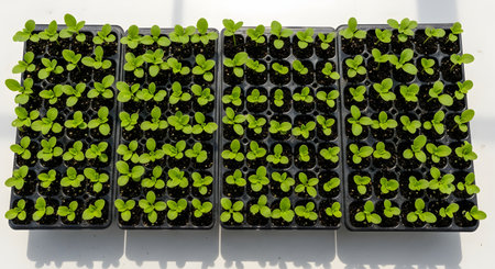 A top-down view of four black plastic seedling trays filled with fresh potting soil and rows of small, green sprouts. The young plants are in a greenhouse or under bright light. This image represents new life, growth, gardening, and agriculture.の素材