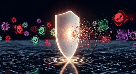 A conceptual image of a glowing digital shield on a circuit board background, successfully deflecting and shattering incoming cyber threats like viruses and malware icons. This visual represents cybersecurity, data protection, and antivirus software in action.の素材