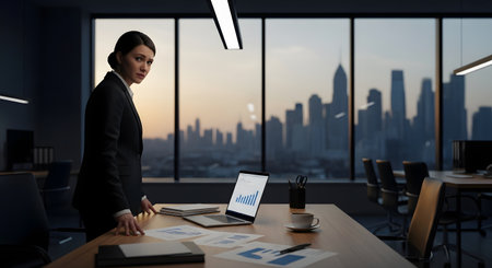 A serious and concerned businesswoman stands beside her desk in a modern, high-rise office with a panoramic view of the city skyline at dusk. Her laptop shows a positive growth chart, yet her expression conveys the immense pressure and responsibility of corporate leadership. The scene illustrates themes of stress, decision-making, and professional challenges.の素材