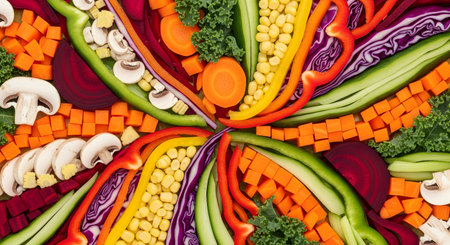 A vibrant, colorful flat lay arrangement of fresh, chopped vegetables radiating from the center. The assortment includes diced carrots, sliced mushrooms, red cabbage, sweet corn, bell peppers (red, yellow, green), cucumber, beetroot, and kale. This image represents healthy eating, a balanced diet, and fresh ingredients.の素材