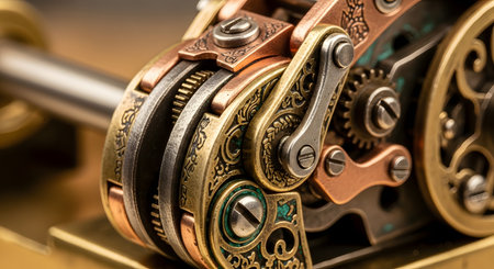 A detailed macro shot of an intricate steampunk machine, featuring ornate engravings on brass and copper parts. The complex assembly of gears, cogs, and screws highlights Victorian-era fantasy, craftsmanship, and mechanical complexity.の素材