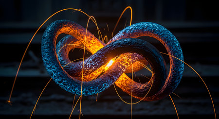 An abstract, twisted metal object, resembling an infinity loop or knot, is shown glowing red and orange from internal heat, as if freshly forged. The ends are a cooler blue, and bright orange sparks fly around it against a dark industrial background.の素材