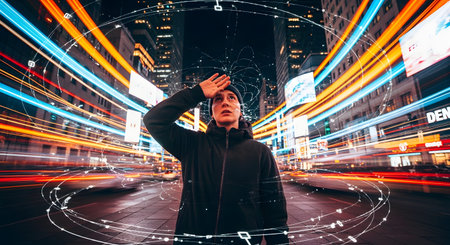 A young man looks up in awe while standing in a futuristic city at night, surrounded by swirling streaks of light and digital data visualizations. This conceptual image represents the themes of technology, data, connectivity, the metaverse, and the fast pace of modern urban life.の素材