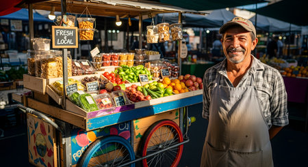 A smiling, middle-aged male vendor with a mustache and cap stands proudly next to his colorful, rustic cart at an outdoor farmers' market. The stall is filled with fresh local fruits, vegetables, and dried goods, with a 'Fresh & Local' sign.の素材