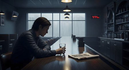 A solitary man sits at a long, empty bar counter, looking downcast with a glass in his hand, a newspaper beside him. The dim, moody lighting and empty seats create a powerful atmosphere of loneliness, sadness, contemplation, and quiet despair.の素材