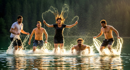 A group of five young friends, four men and one woman, joyfully splash water in a lake during a sunny day. The woman is in the center, arms outstretched, creating a large splash, while the men laugh and play around her.の素材