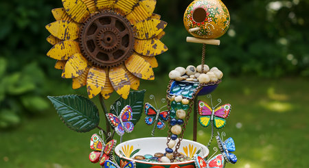 A whimsical and colorful piece of garden art made from recycled materials. It features a large sunflower made of yellow painted metal and a central rusty gear, a painted gourd birdhouse, and a small bird bath. The sculpture is adorned with colorful metal butterflies and a 'waterfall' of blue and clear stones.の素材