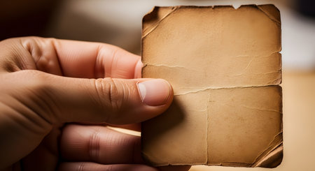 A close-up view of a person's hand holding a small, blank piece of old, folded paper. The paper is yellowed with age, featuring distinct creases and worn corners, perfect for adding a message or creating a nostalgic mood.の素材