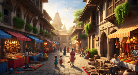 A vibrant digital illustration depicts a bustling street market in an ancient Indian city, with a grand temple in the background. People in traditional attire browse colorful stalls selling spices and crafts under the warm sun.の素材