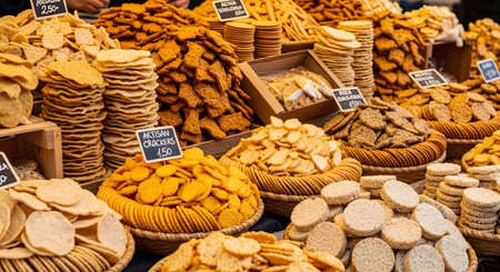 A vibrant market stall is abundantly filled with a wide variety of artisan crackers, biscuits, and flatbreads. They are neatly stacked and displayed in wicker baskets and on wooden shelves, with small signs indicating prices.の素材