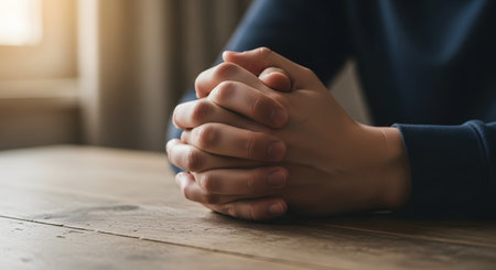 A close-up shot of a person's hands clasped tightly together, resting on a wooden table. The posture suggests prayer, anxiety, stress, or deep thought, with soft indoor lighting creating a serious or contemplative mood.の素材